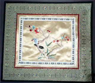Chinese Oriental Embroidery Silk Tapestry Bird Vintage Silk Lined photo