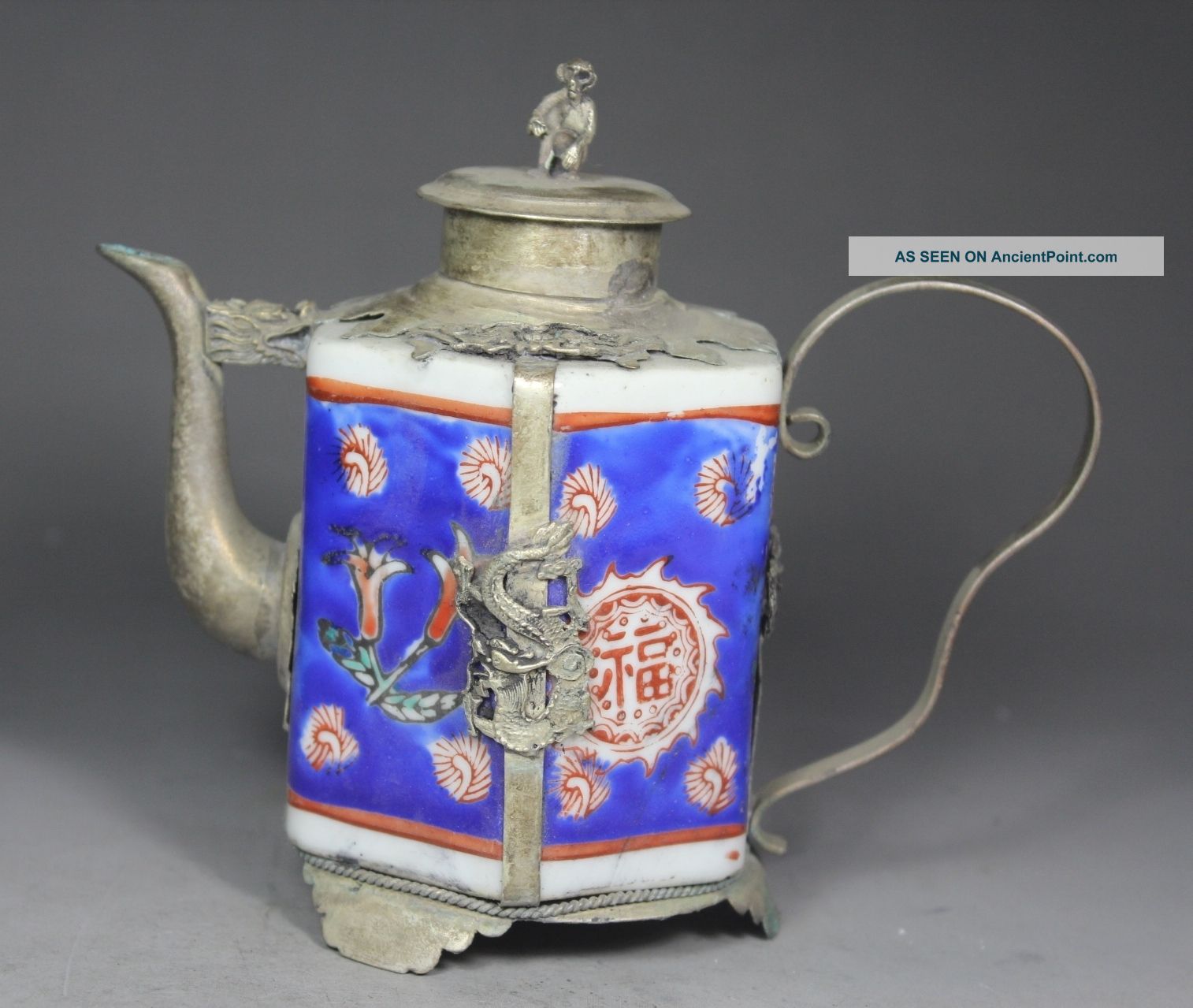 Chinese Old Porcelain Handwork Painting Flower Armored Dragon Monkey Lid Tea Pot Porcelain photo