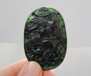 Chinese Hetian Black Green Jade Carved Dragon Phoenix Pendant Nr photo