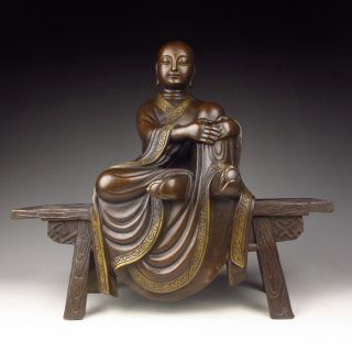 Chinese Bronze Statue - Tang Xuanzang On Stool Nr photo