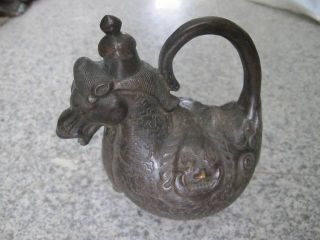 Chinese Bronze Wine Pot Carven Horse Shape Vivid Heavy Lid On The Head photo