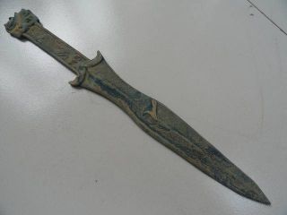 Chinese Bronze Sword Spearhead Carven Handle Old Unique Long 03 photo