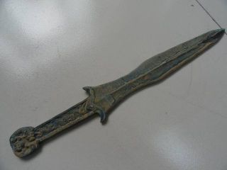 Chinese Bronze Sword Spearhead Carven Handle Old Unique Long 04 photo