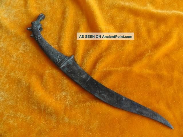 Chinese Bronze Sword Spearhead Carven Ox Handle Old Unique Swords photo