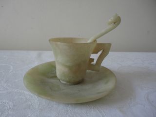 Vintage Chinese Jade Carving Cup And Saucer With Matching Carving Jade Spoon photo