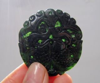 Chinese Hetian Black Green Jade Carved Two Fish Pendant Nr photo