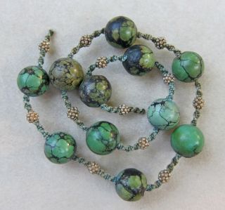 Antique Chinese Large Green Turquoise Beads & Seed Pearl Necklace~very Old~tlc photo