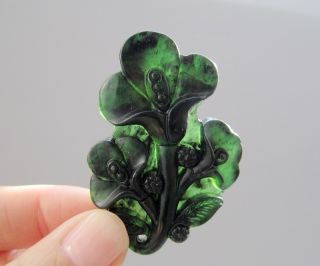 Chinese Hetian Black Green Jade Carved Flowers Pendant Nr photo