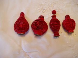 4 Antique Cinnabar Snuff Bottles Ornate Carving photo