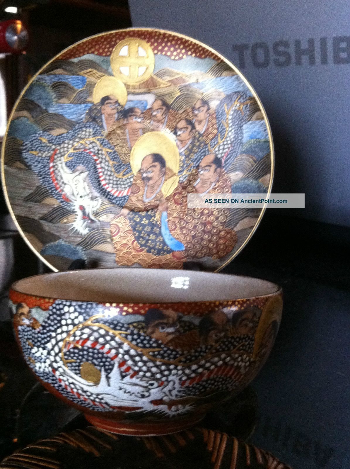 Antique Japanese Satsuma Immortals Cup & Saucer Signed Dragon Moriage No Damage Cups, Mugs photo