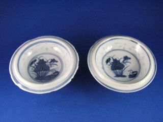 Pair Antique Small Footed Rice/sauce Bowl Bases Signed Hand Painted Blue Scenes photo