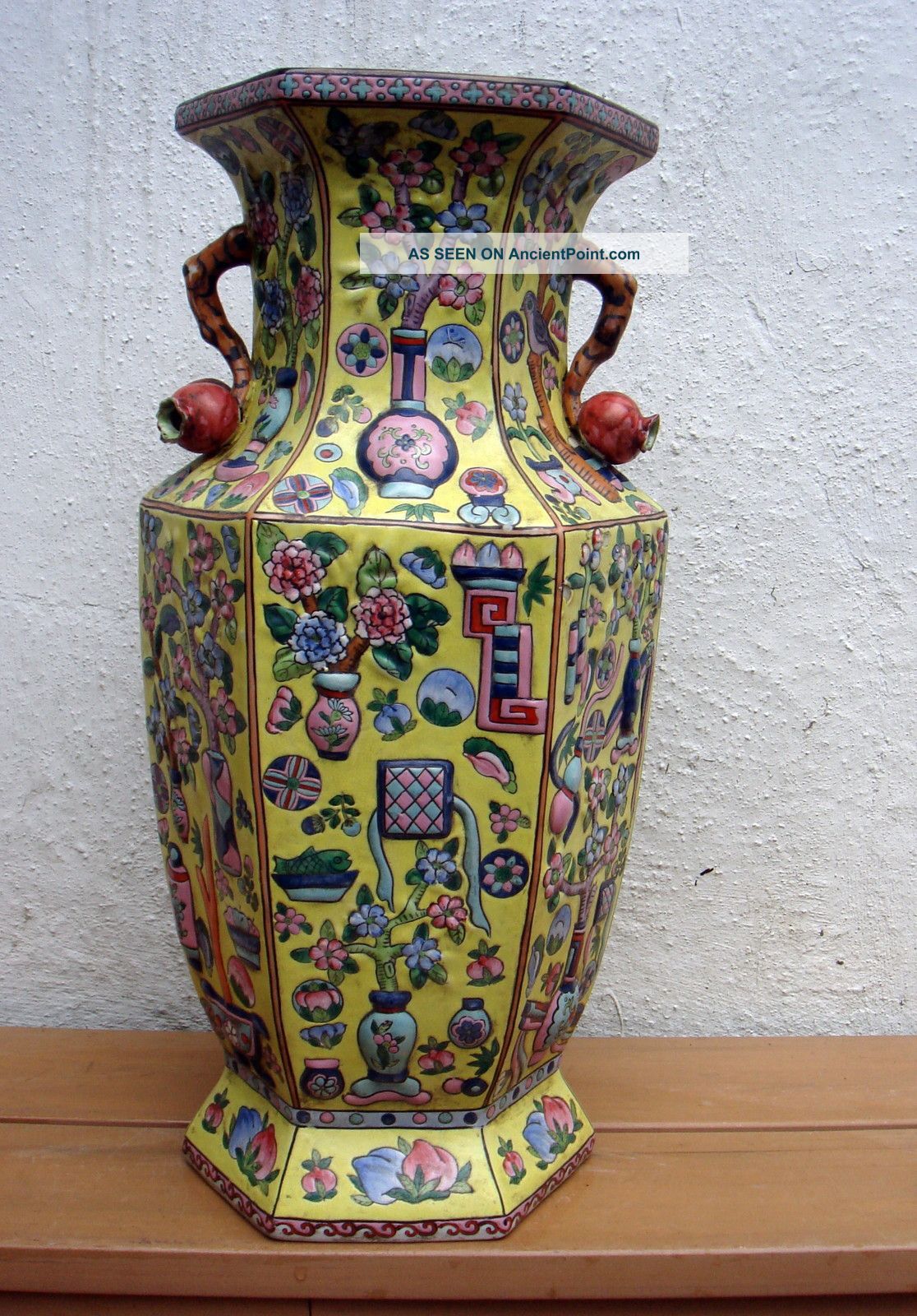 Antique 20c Chinese Asian Very Large Relief Tree Of Life Yellow Vase Vases photo