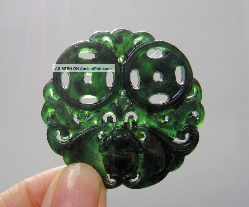Chinese Hetian Black Green Jade Hollow Out Carved Bats Pendant Nr Other photo