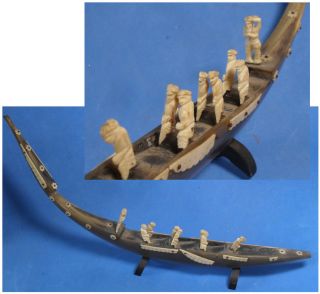 Vintage Oriental Carved Horn Boat,  Canoe With Bone Figures photo