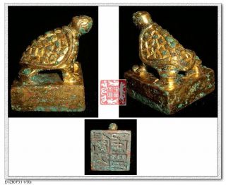 Chinese Han Royal Reward Military Gen Stamp Gold Bronze Tortoise Statue Seal关内侯印 photo