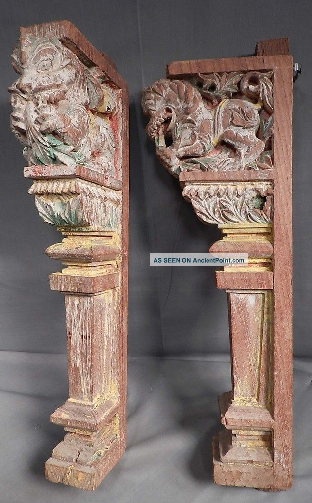 Pair Antique Oriental Carved Wood Dragon Brackets Corbel Polychrome Gargoyle Parts & Salvaged Pieces photo