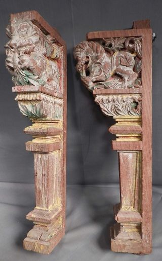 Pair Antique Oriental Carved Wood Dragon Brackets Corbel Polychrome Gargoyle photo
