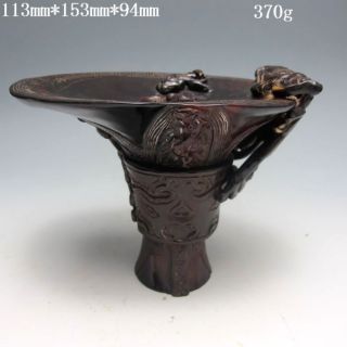 370g Old Antique 18 - 19th Chinese Ox Horn Carved Chilong Dragon Jiao Cup Pc1577 photo