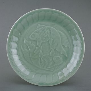 Chinese Celadon Plate With Two Goldfish photo