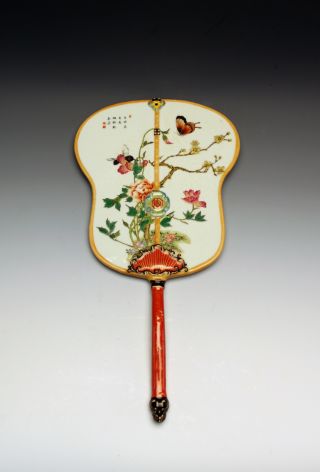 Rare Chinese Qianlong Mk Famille Rose Porcelain Plaque Hanging Fan 18th C photo