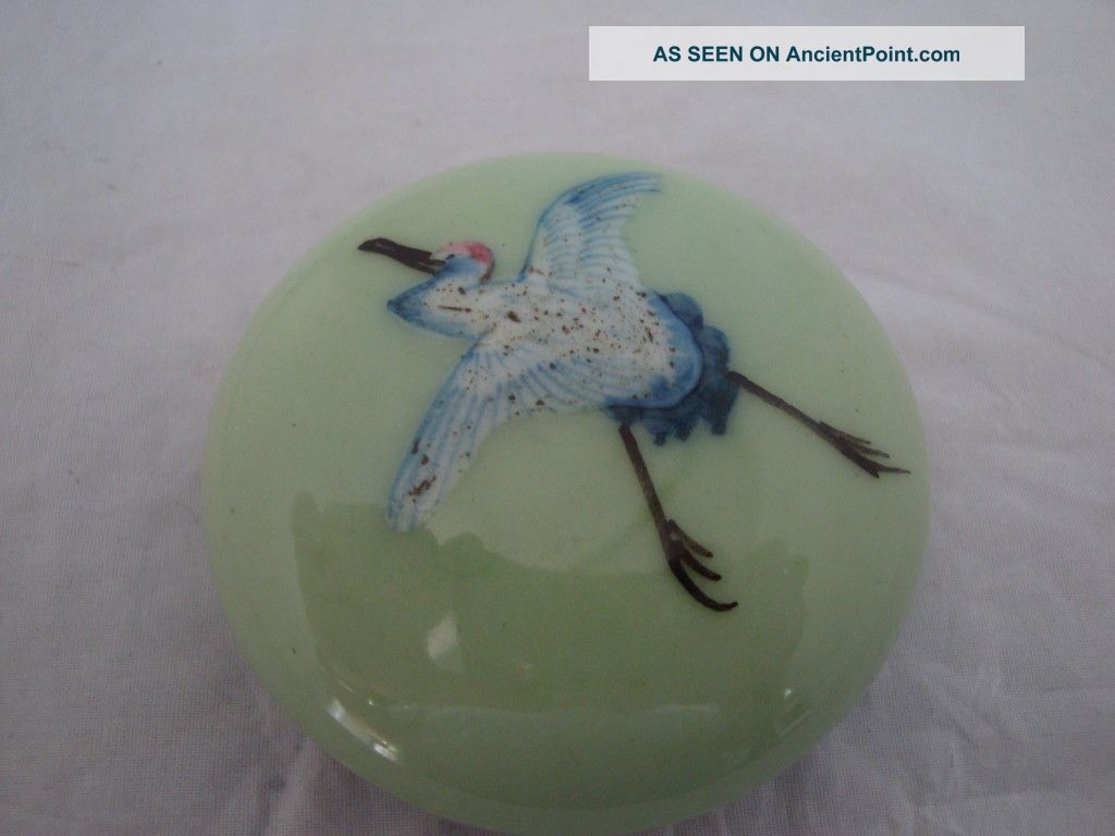 Old Antique Chinese Hand Painted Stork Porcelain Powder Box Incense Burners photo