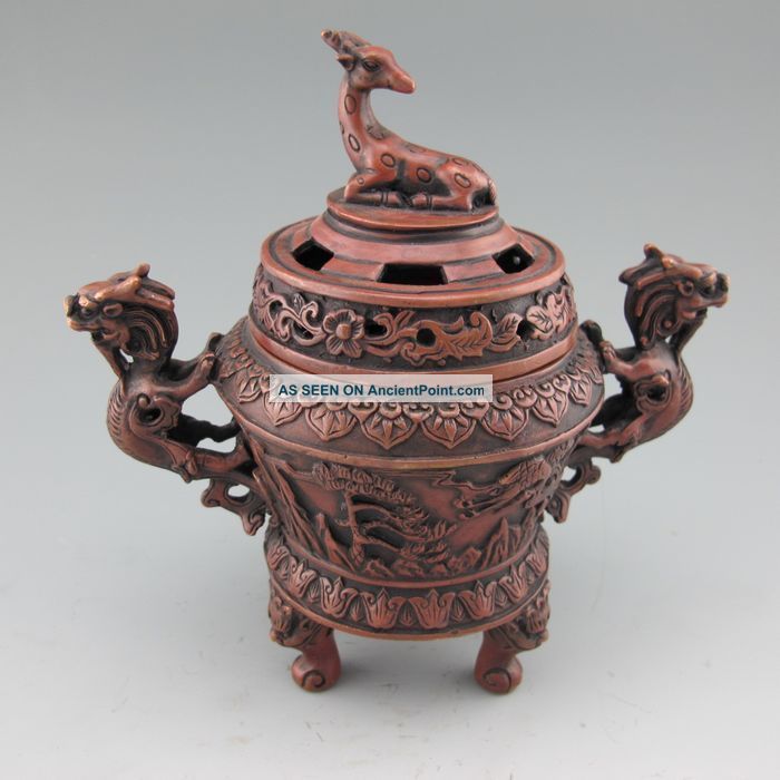 Chinese Bronze Incense Burner & Lid W Deer & Xuan De Mark Nr Incense Burners photo