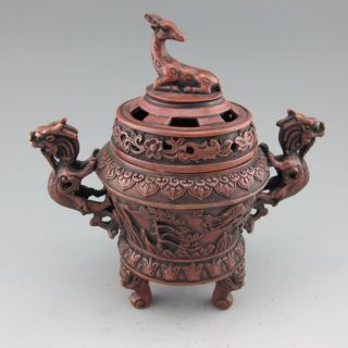 Chinese Bronze Incense Burner & Lid W Deer & Xuan De Mark Nr photo