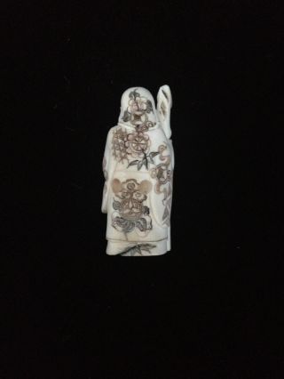 Signed Early Faux Ivory Netsuke Japanese - Carving Of Wise Man Holding A Ruyi photo