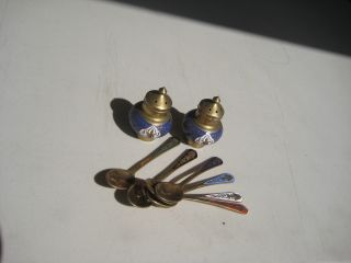 Vintage Oriental Brass Enamel Cloisonne Spoons Salt Pepper Shaker photo