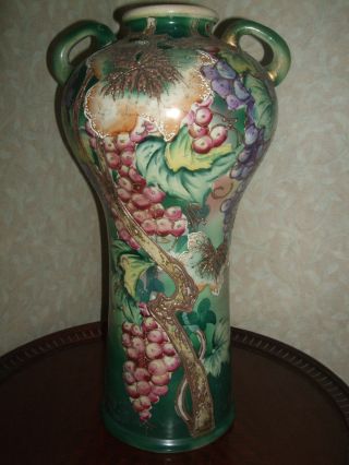 Rare Antique Japanese Monumental Satsuma Moriage Large Floor Vase With Grapes photo