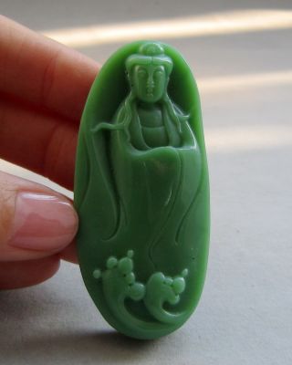 Chinese Carved Hetian Green Jade Guanyin Pendant Nr photo