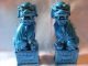Antique Chinese Dragons Dogs (set Of 2) Blue Glazed Ceramic `1890 - 1920 Dragons photo 2