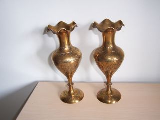 Brass Vases Pair Of Vintage Indian/ Asian With Fluted Tops photo