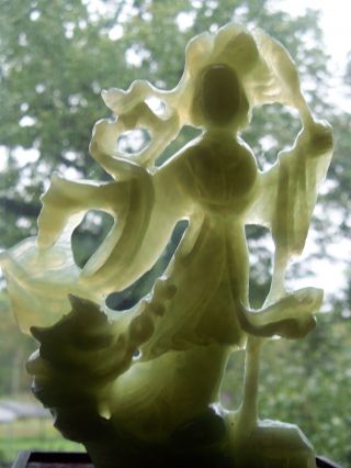 Antique Carved Jade 9 Inch Sculpture With Beast On Stand.  Great Transparency photo