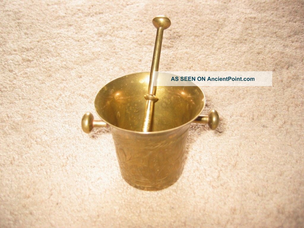 Solid Brass Engraved Two - Handle Mortar And Dual Sided Pestle India India photo