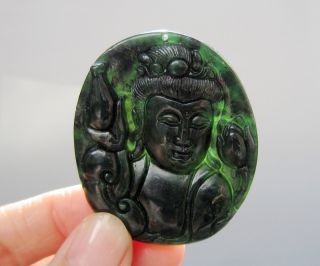 Chinese Hetian Black Green Jade Carved Guanyin Pendant Nr photo