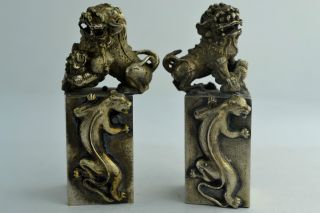 China Collectibles Old Handwork White Copper Kylin Pair Statue photo