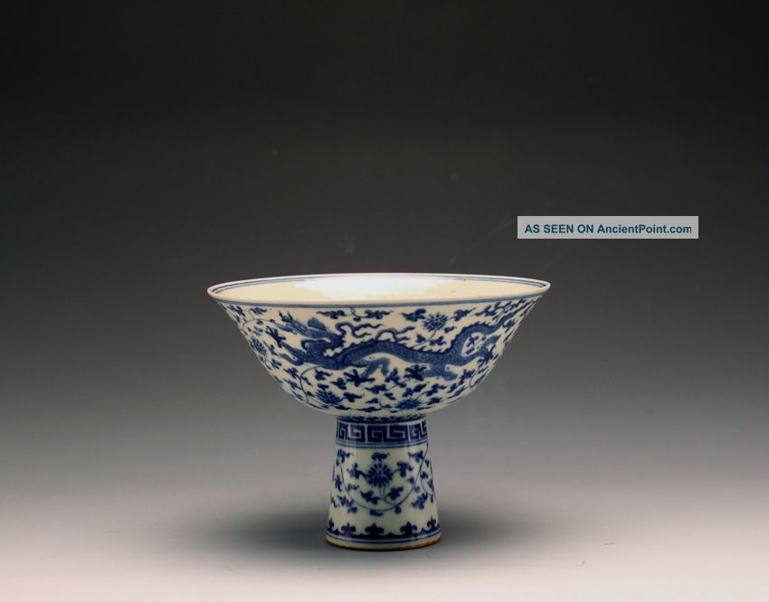 Large Antique Chenghua Mk Blue And White Dragon Tall Porcelain Stem Cup Glasses & Cups photo