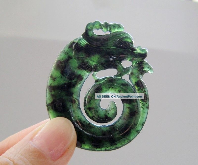 Chinese Hetian Black Green Jade Hollow Out Carved Dragon Pendant Nr Other photo