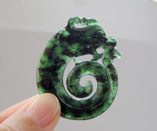 Chinese Hetian Black Green Jade Hollow Out Carved Dragon Pendant Nr photo