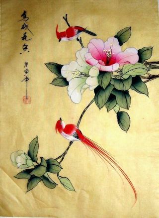 Japanese Hand Painted Painting Bamboo & Bird @411 photo