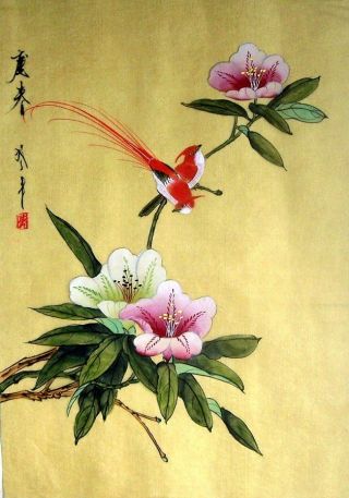 Japanese Hand Painted Painting Bamboo & Bird @552 photo
