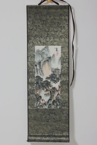 Asian Chinese Landscape In Summer Painting,  Scroll,  Brocade,  Paper,  Calligraphy photo