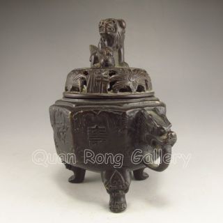 Chinese Bronze Incense Burner & Lid W Foo Dog & Qian Long Mark Nr photo