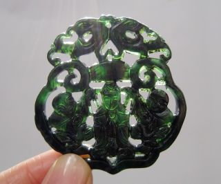 Chinese Hetian Black Green Jade Hollow Out Carved Guanyin Doll Pendant Nr photo