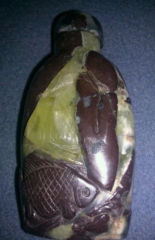 Solid Two Tone Jasper (rare) Antique Snuff Bottle W/carving Of Two Fish.  Awesome photo