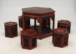 Chinese Miniature Carved Rosewood Table With Six Stools - Apprentice Furniture photo