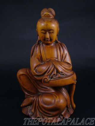 Old Chinese Boxwood Carving Statue/sculpture~sitting Kwan - Yin photo