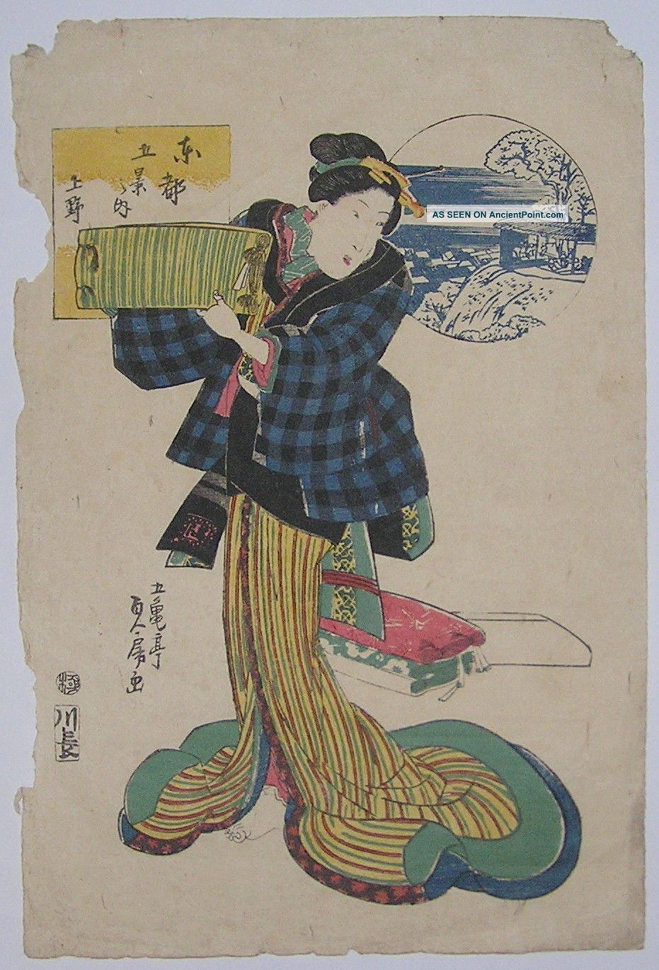 19c Japanese Antique Old Woodblock Print Beauty Art By Sadabo Prints photo