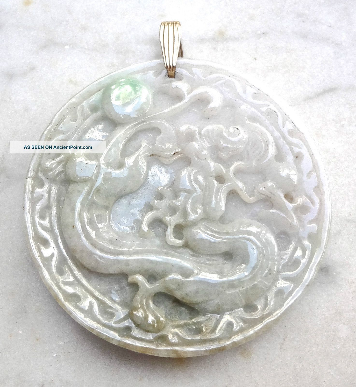 Antique Chinese Apple Jade Pendant Two Sided Carved Dragon & Pearl & Flower Vase Necklaces & Pendants photo